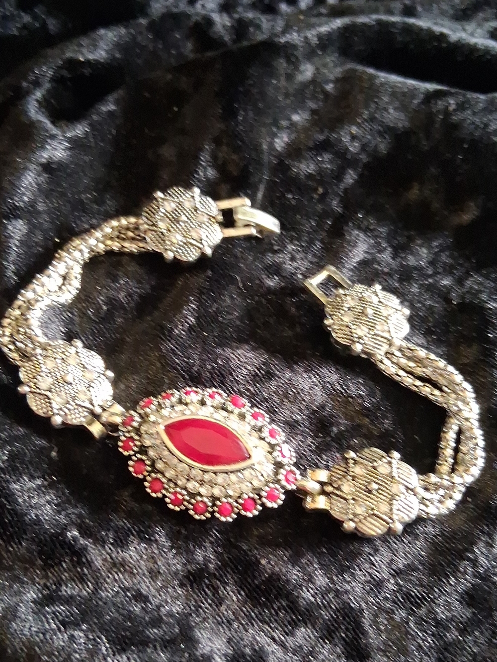 Fashion Jewelry Silver-Tone Bracelet with Red Stones